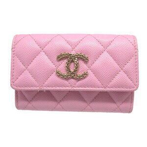 Chanel Matelasse Coco Mark Caviar Leather Card Wallet Pink
